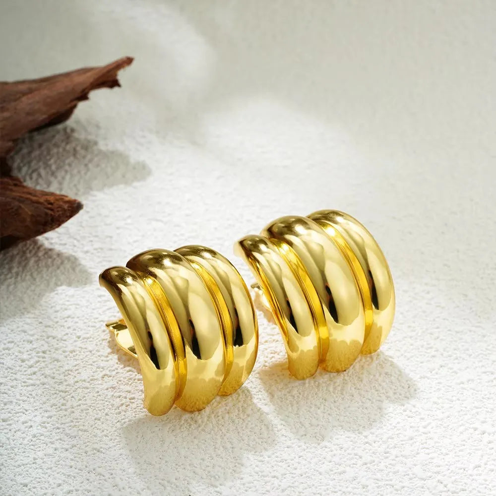 Orecchini a Perno Geometrici a Forma di C Multistrato Placcati in Oro 18K, Antiruggine, in Acciaio Inossidabile per Donne