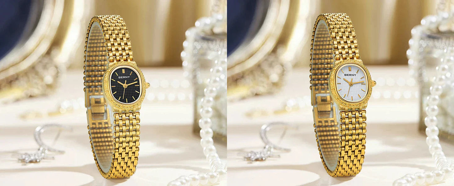 BERNY Orologio al quarzo da donna Cinturino in acciaio inossidabile dorato Orologio da polso ellittico di lusso Orologio da donna semplice retrò impermeabile