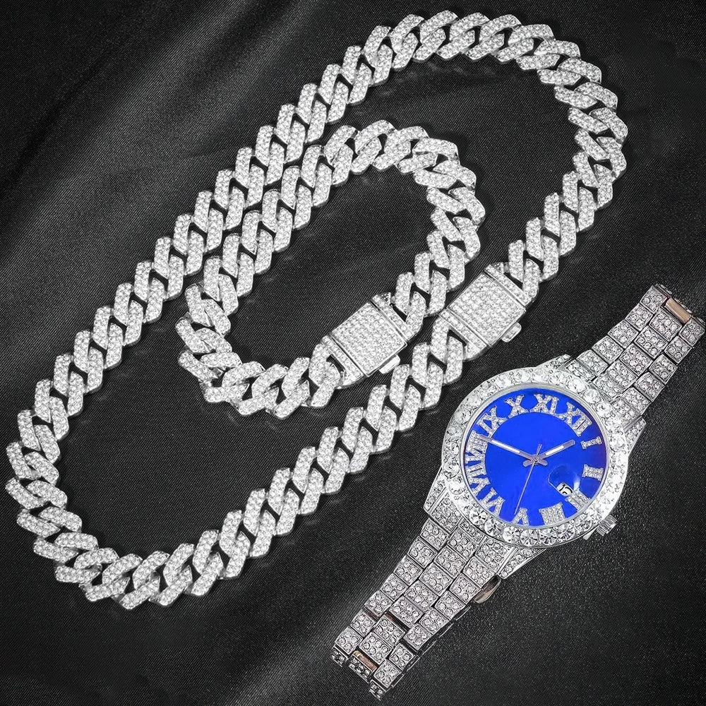 3 pezzi orologio a catena cubana per uomo Hip Hop Miami Curb ghiacciato pavimentato strass rapper collana cubana orologio + braccialetto gioielli