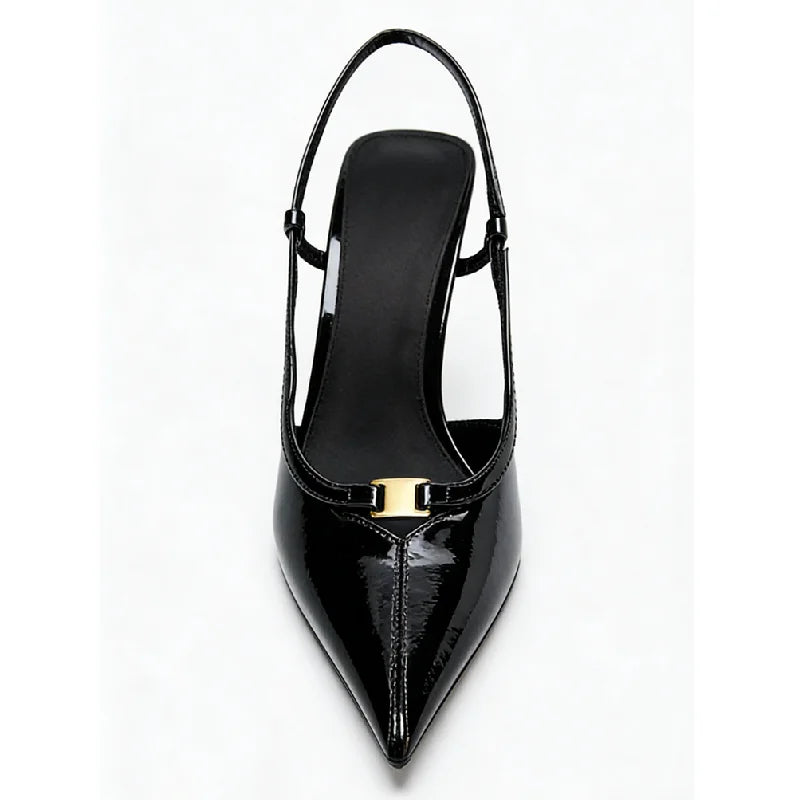 2026 Fashion Metal Decoration Stiletto Pumps Women Luxury Patent Leather Pointed Toe High Heels Sexy Slingback Designer Shoes