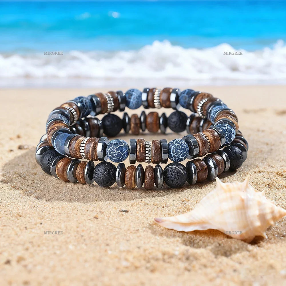 Set di braccialetti con perline in pietra naturale da uomo da 2 pezzi, gioielli da uomo in stile retrò fatto a mano all'aperto, regalo da uomo