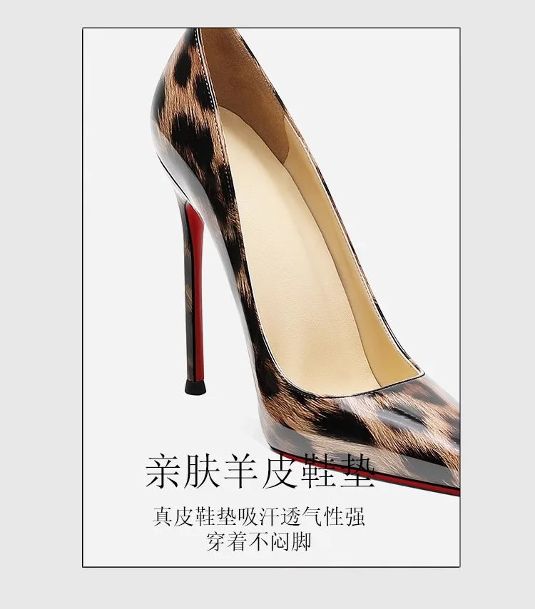 2025 New High Heels Women's Thin Heel French Sexy Leopard Pattern Internet Red Single Shoe 12CM Large Widening Thin Heel