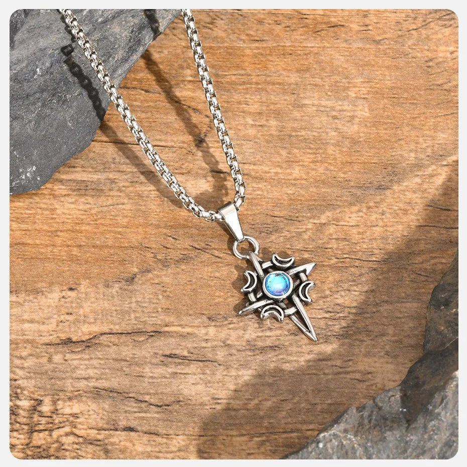 Vnox Witches Knot Moon Star Collane con ciondolo Orecchini per uomo Donna, set di gioielli con collare in pietra di luna con nodo celtico in acciaio inossidabile