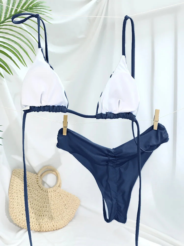 Set Bikini Sexy con Pieghe, Micro Bikini Tinta Unita, Costume da Bagno Femminile a Triangolo, Abbigliamento da Spiaggia