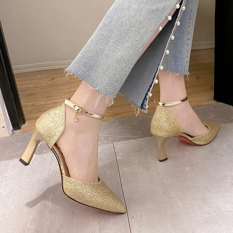 Bling Gold Silver Women Pumps 2023 Sexy Point Toe Thin Heel Party Wedding Shoes Womens Summer Ankle Strap 8cm High Heels Shoes