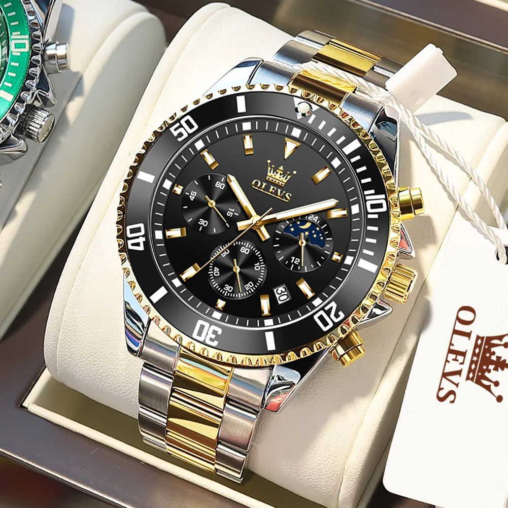 OLEVS Orologi da uomo Orologio di lusso delle migliori marche da uomo Cronografo originale impermeabile in acciaio inossidabile Fasi lunari Data Quadrante Rota