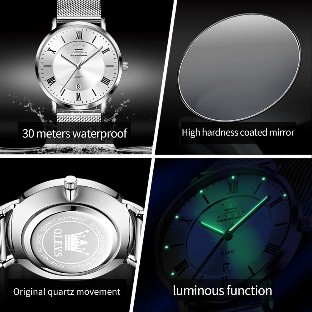OLEVS 5623 Orologio al quarzo da uomo con quadrante minimalista con numeri romani, cinturino in maglia milanese, lancette luminose, datario, resistente all'acqua fino a 30 m