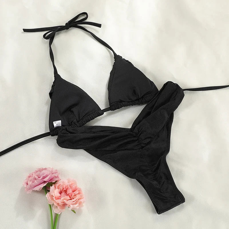 Set Bikini Sexy con Pieghe, Micro Bikini Tinta Unita, Costume da Bagno Femminile a Triangolo, Abbigliamento da Spiaggia