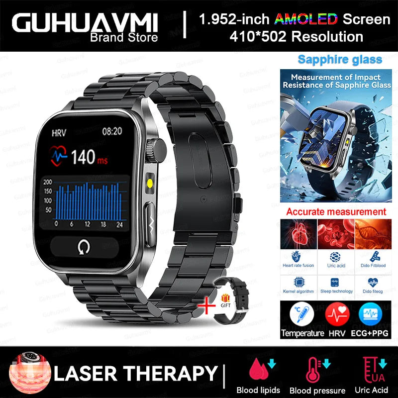 2025 Trattamento laser Tre Smartwatch alti 1.95 "Schermo curvo in zaffiro ECG + PPG Grasso nel sangue Acido urico Diagnosi salute Smartwatch