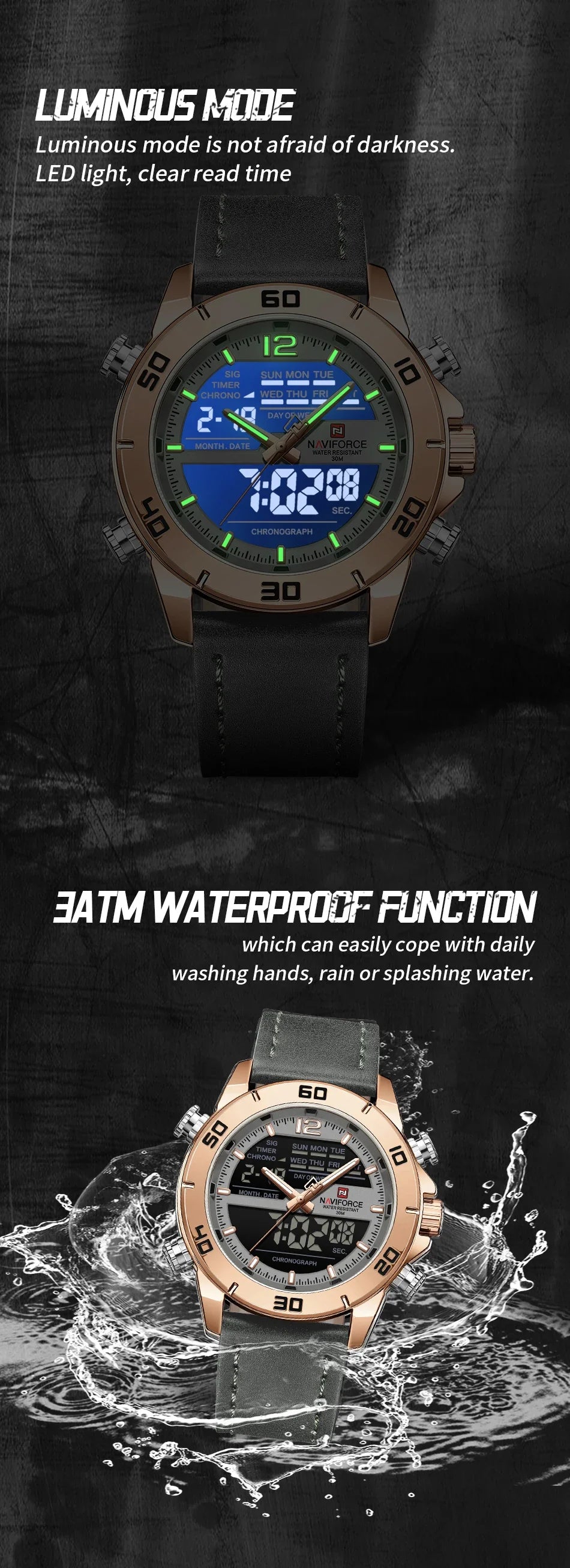 NAVIFORCE Orologio alla moda da uomo con cinturino in vera pelle Movimento al quarzo resistente all'acqua 30M Display luminoso con giorno e data F