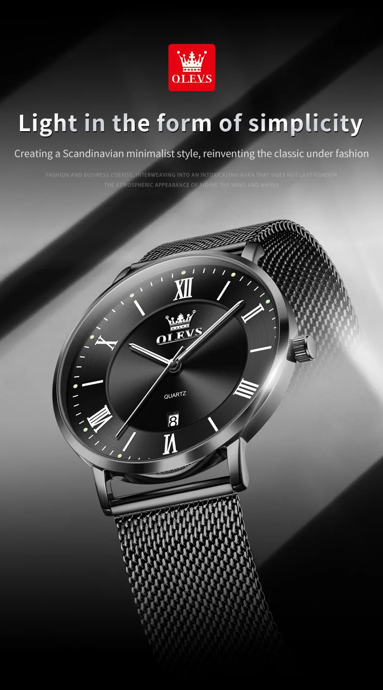 OLEVS 5623 Orologio al quarzo da uomo con quadrante minimalista con numeri romani, cinturino in maglia milanese, lancette luminose, datario, resistente all'acqua fino a 30 m