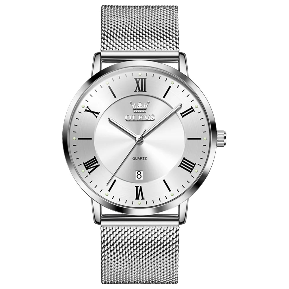 OLEVS 5623 Orologio al quarzo da uomo con quadrante minimalista con numeri romani, cinturino in maglia milanese, lancette luminose, datario, resistente all'acqua fino a 30 m