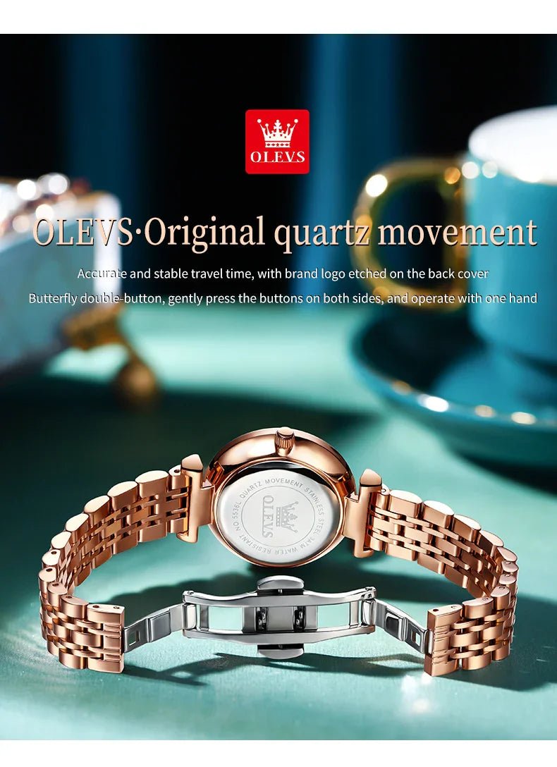 OLEVS 5536 Orologio da donna al quarzo con diamanti di marca di lusso Moda elegante orologio da donna impermeabile in oro rosa con bracciale Set Reloj Mujer
