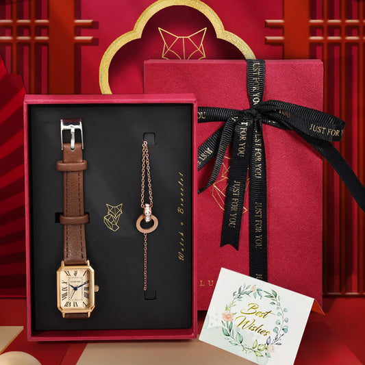 LUCKY FOX 2 pezzi confezione regalo di lusso leggera set braccialetto orologio orologio al quarzo quadrato da donna semplice e alla moda regalo del festival Reloj