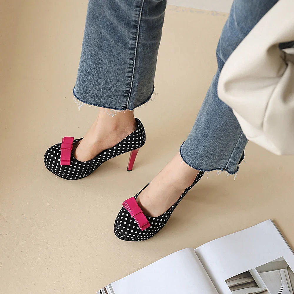 Sexy Super High Heels Women Platform Pumps Polka dot Bow Party Dress Shoes Woman Elegant Wedding Shoes Female 12cm Stilettos
