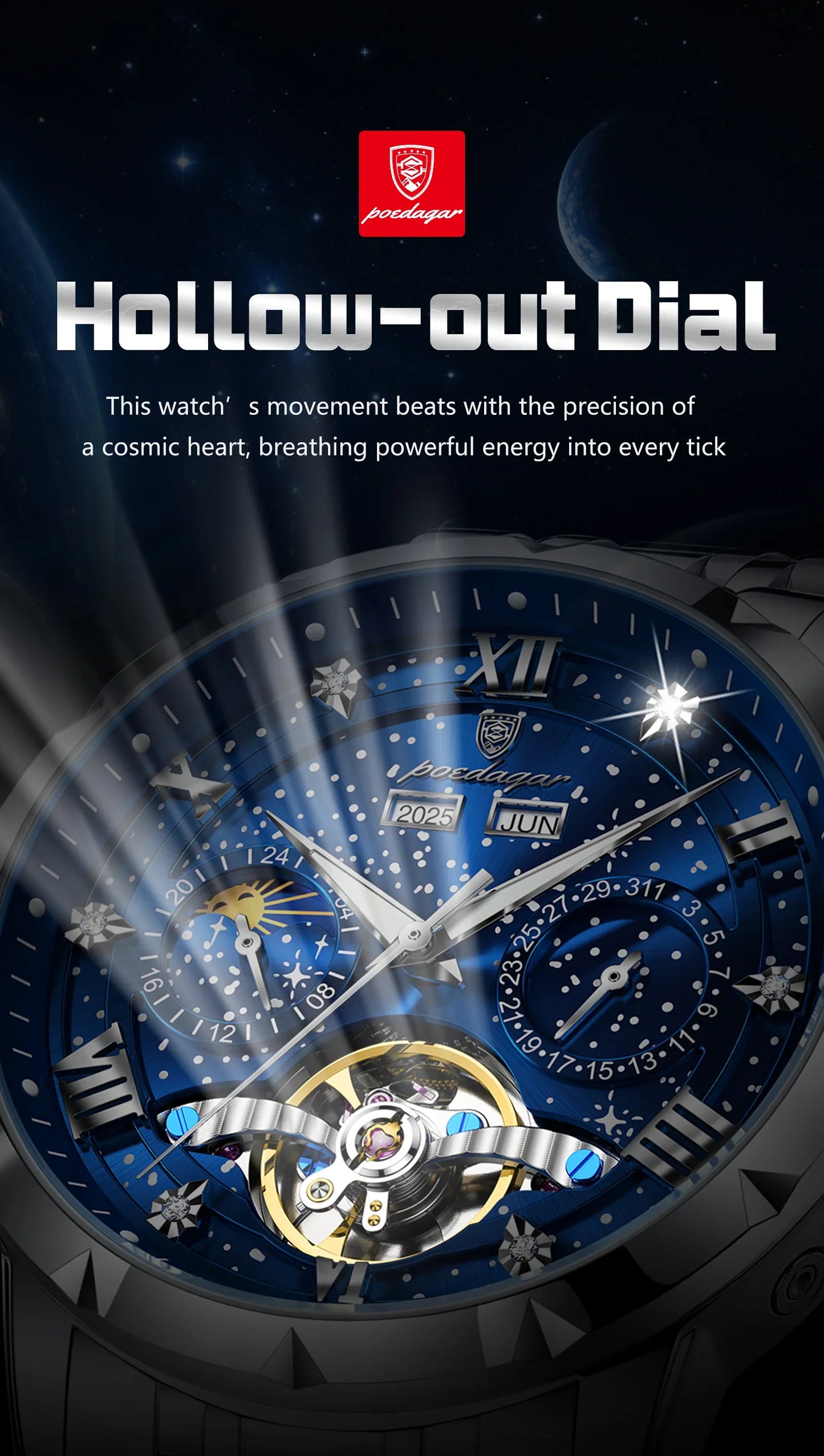 POEDAGAR Top Orologio da uomo originale Orologio meccanico automatico da uomo in acciaio inossidabile Calendario Hollow Tourbillon Orologio da uomo Maschio + scatola