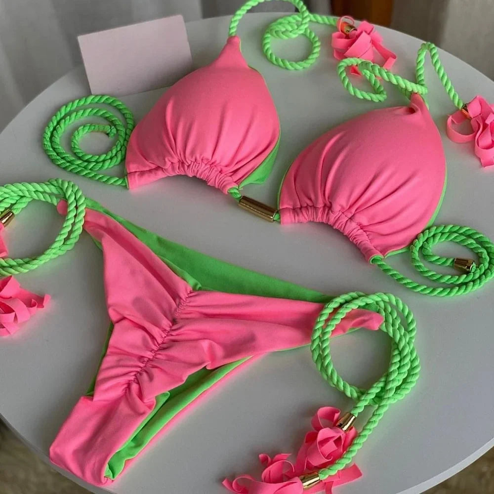 Costume da bagno sexy da donna in tinta unita, due pezzi, triangolare, con corda intrecciata, set bikini, costume da bagno da spiaggia, Biquinis brasiliani