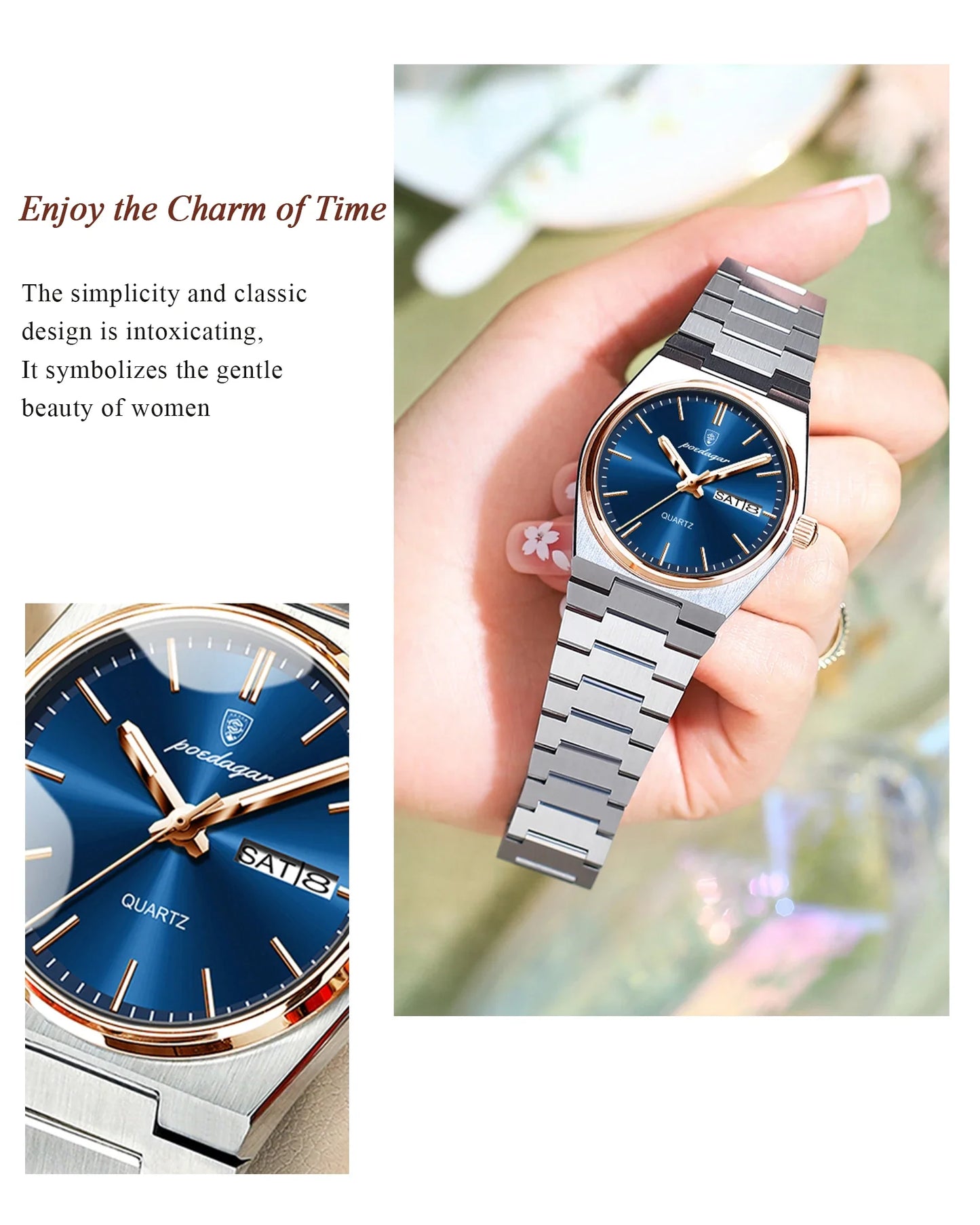 POEDAGAR Orologio da donna alla moda Orologio da polso da donna di lusso luminoso impermeabile in acciaio inossidabile Data settimana Orologi al quarzo da donna Reloj