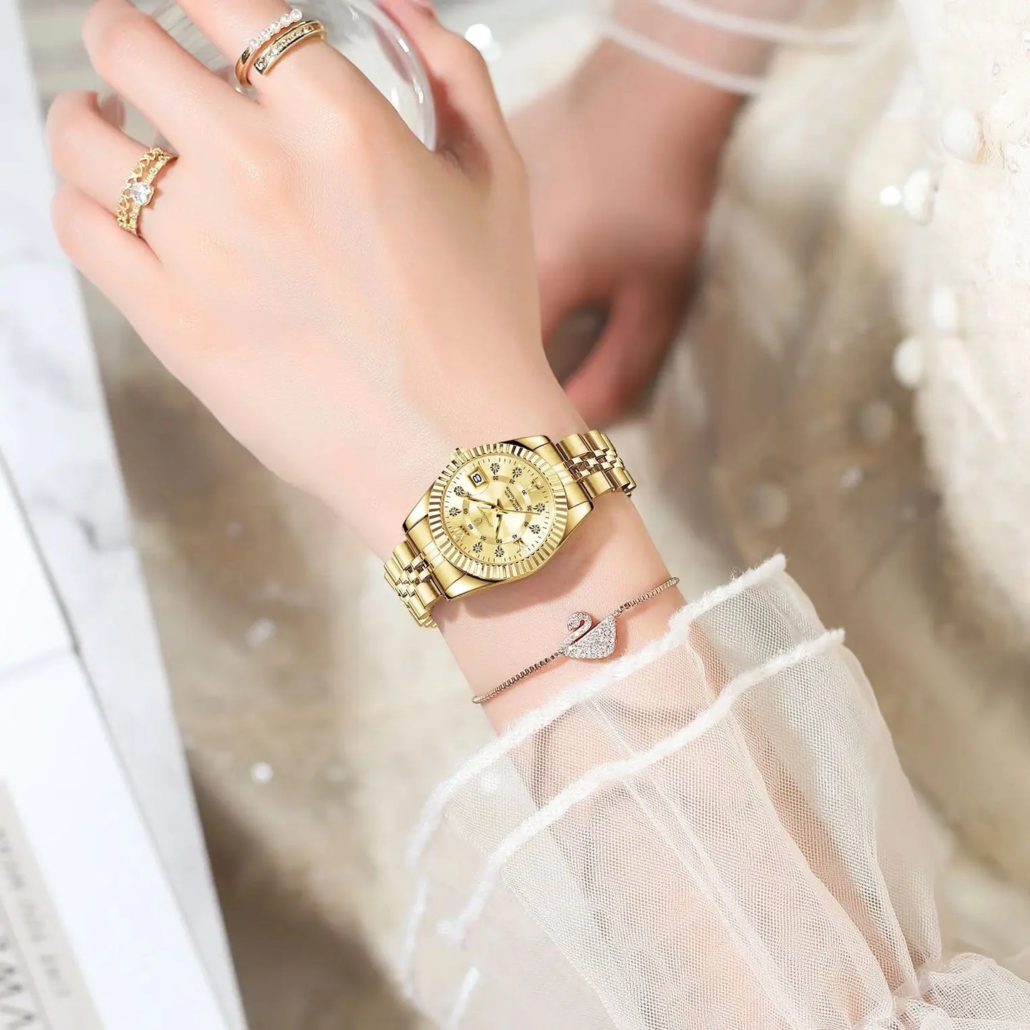 POEDAGAR Orologio da polso da donna alla moda Impermeabile Data luminosa Orologi da donna eleganti Orologio al quarzo in acciaio inossidabile per donna Reloj