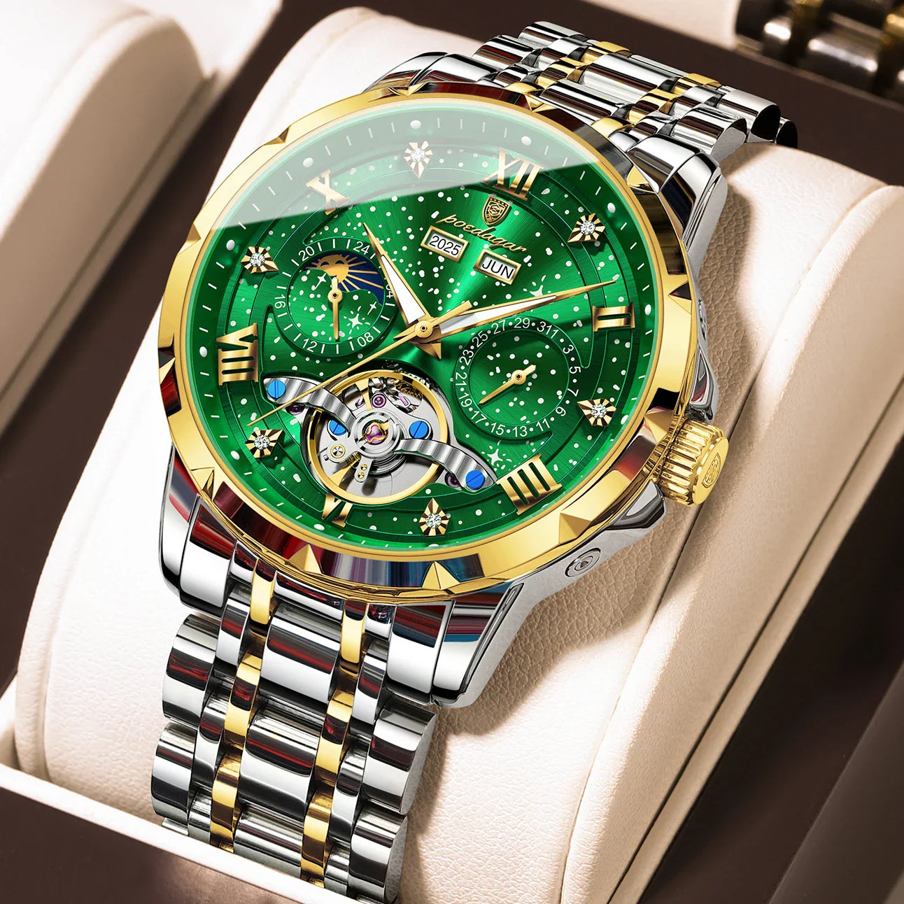 POEDAGAR Top Orologio da uomo originale Orologio meccanico automatico da uomo in acciaio inossidabile Calendario Hollow Tourbillon Orologio da uomo Maschio + scatola