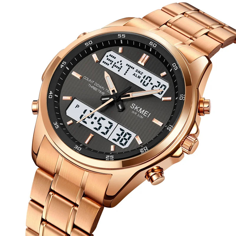 Skmei orologio da polso analogico al quarzo da uomo cinturino in acciaio inossidabile di lusso Led impermeabile digitale sportivo sveglia a tre fusi orari