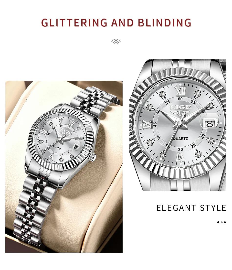 Orologio da Polso LIGE di Lusso con Strass per Donna, Cinturino in Acciaio Inossidabile, Movimento al Quarzo, Regalo, Reloj Mujer