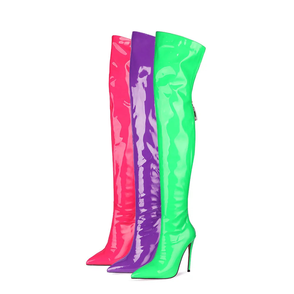 New Sexy Fashion Patent Leather Women Over Knee Boots Black White Long Boots Ladies Pointed Toe Classic High Heels Shoes Large