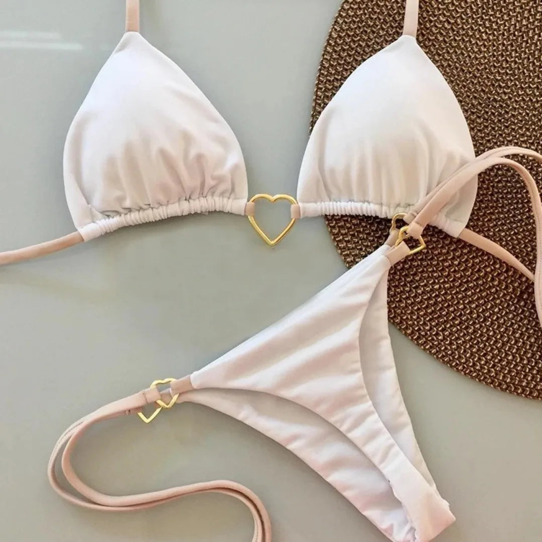 Nuovo costume da donna bikini bianco tinta unita costume da bagno alla moda con lacci a vita bassa set da due pezzi