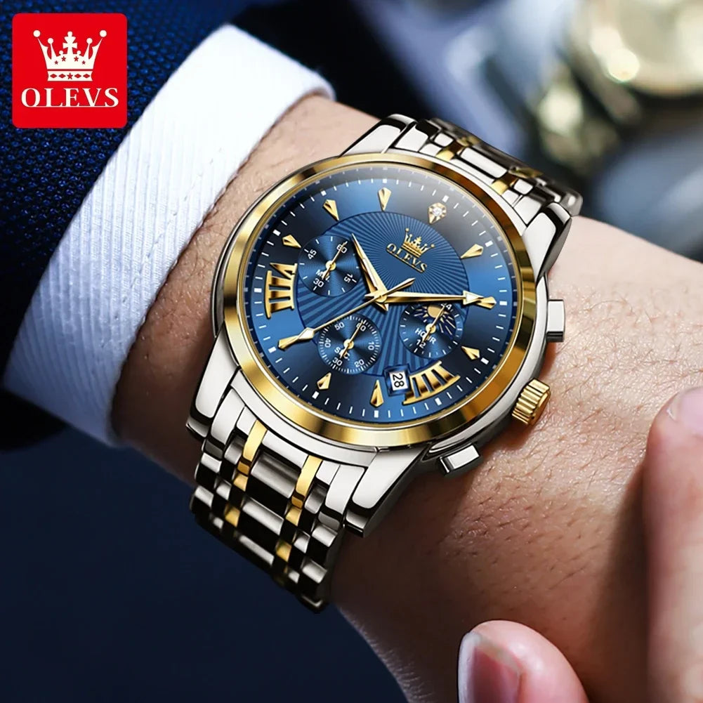 OLEVS Orologi al quarzo da uomo Orologi di marca in acciaio inossidabile Orologio sportivo impermeabile per uomo Cronografo con fasi lunari