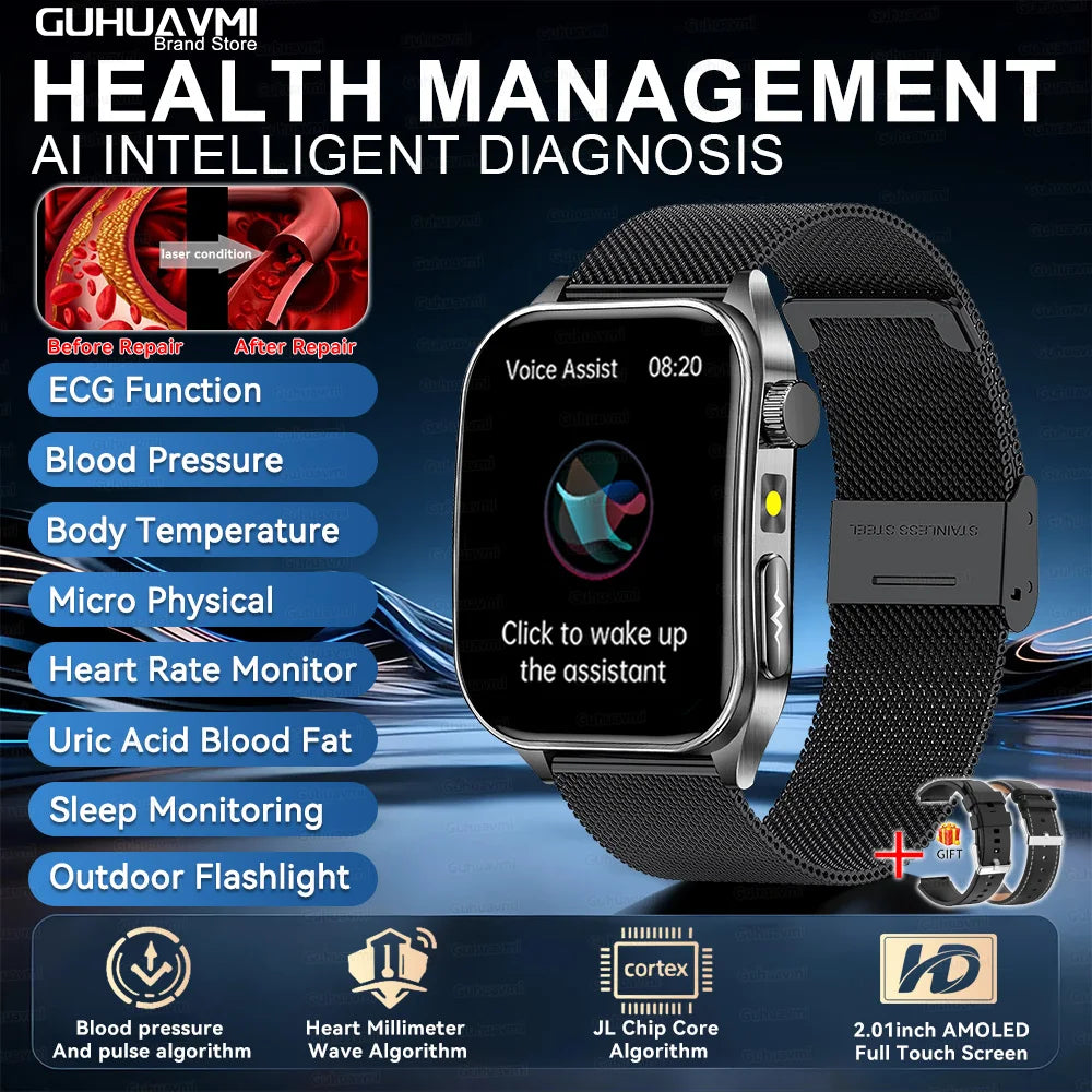 2026 Nuovo 650nm Terapia Laser Grassi nel sangue Acido urico Pressione sanguigna Smart Watch ECG + PPG Preciso Monitor di salute Smartwatch per gli uomini
