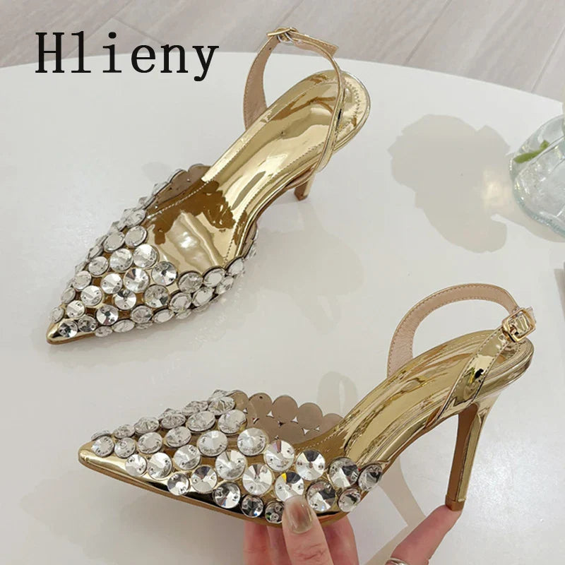 Hlieny Hollow Out Patent Leather Women Pumps Fashion Crystal Diamonds Pointed Toe Gold Silver High Heels Shoes Stiletto Sandals