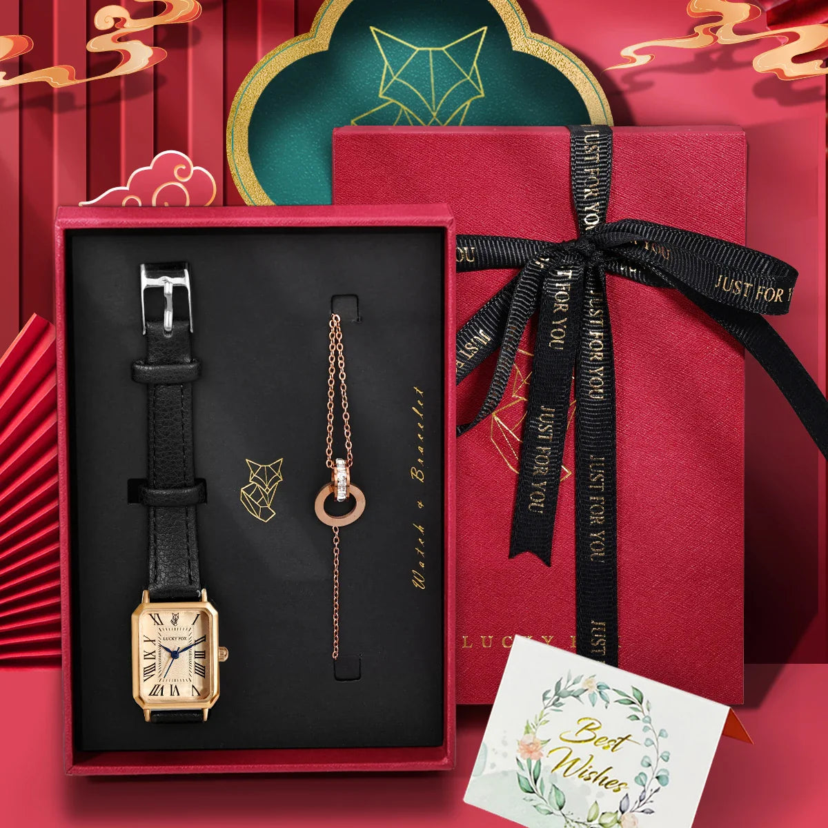 LUCKY FOX 2 pezzi confezione regalo di lusso leggera set braccialetto orologio orologio al quarzo quadrato da donna semplice e alla moda regalo del festival Reloj