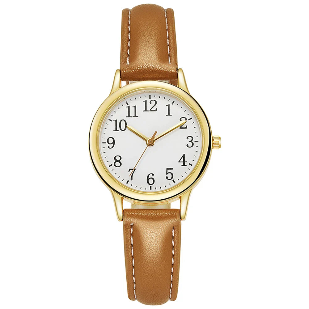 Orologio al quarzo da donna alla moda per il tempo libero, numeri arabi facili da leggere, quadrante semplice, cinturino in pelle PU, colore caramella