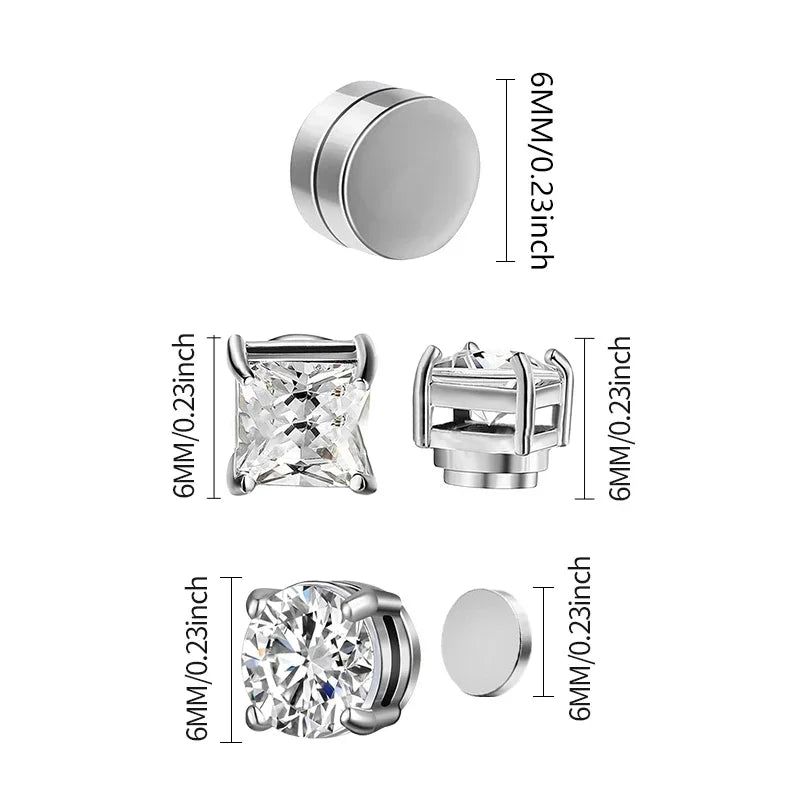 3 paia di orecchini a clip magnetici resistenti in cristallo per uomini e donne Orecchini con magnete zircone rotondo punk Gioielli non penetranti