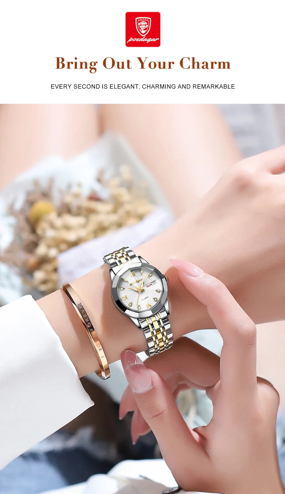 POEDAGAR orologi da donna di marca di lusso impermeabile luminoso data settimana orologio al quarzo per donna orologio da donna di moda in acciaio inossidabile