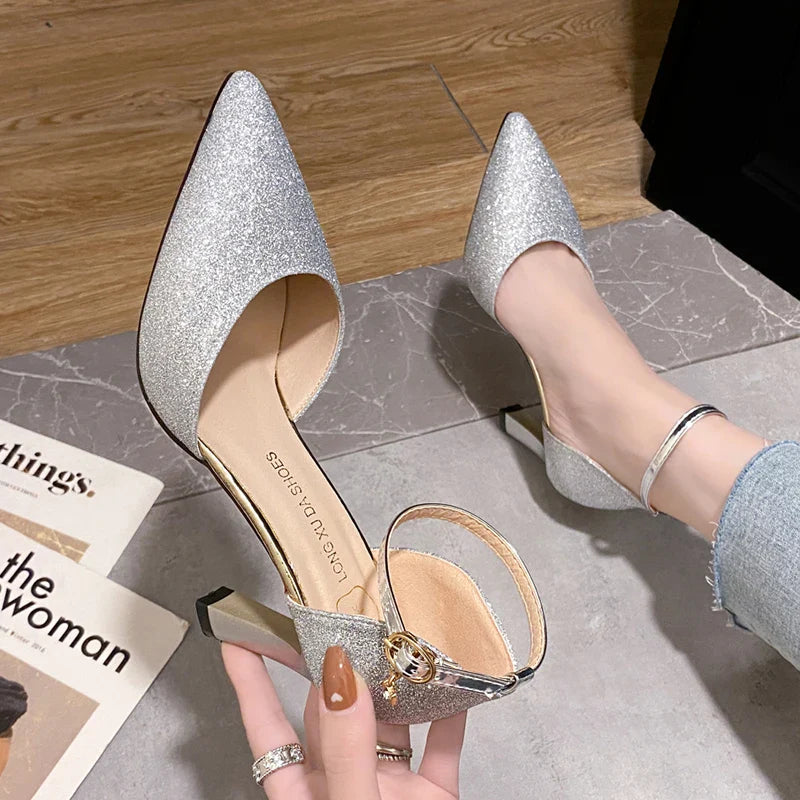 Bling Gold Silver Women Pumps 2023 Sexy Point Toe Thin Heel Party Wedding Shoes Womens Summer Ankle Strap 8cm High Heels Shoes