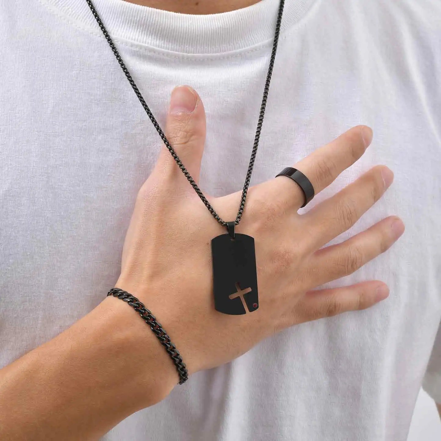 Set di 3 Pezzi: Collana Dogtag per Uomini e Ragazzi, Bracciale con Catena Cubana in Acciaio Inossidabile, Set di Anelli Impermeabili Regalo