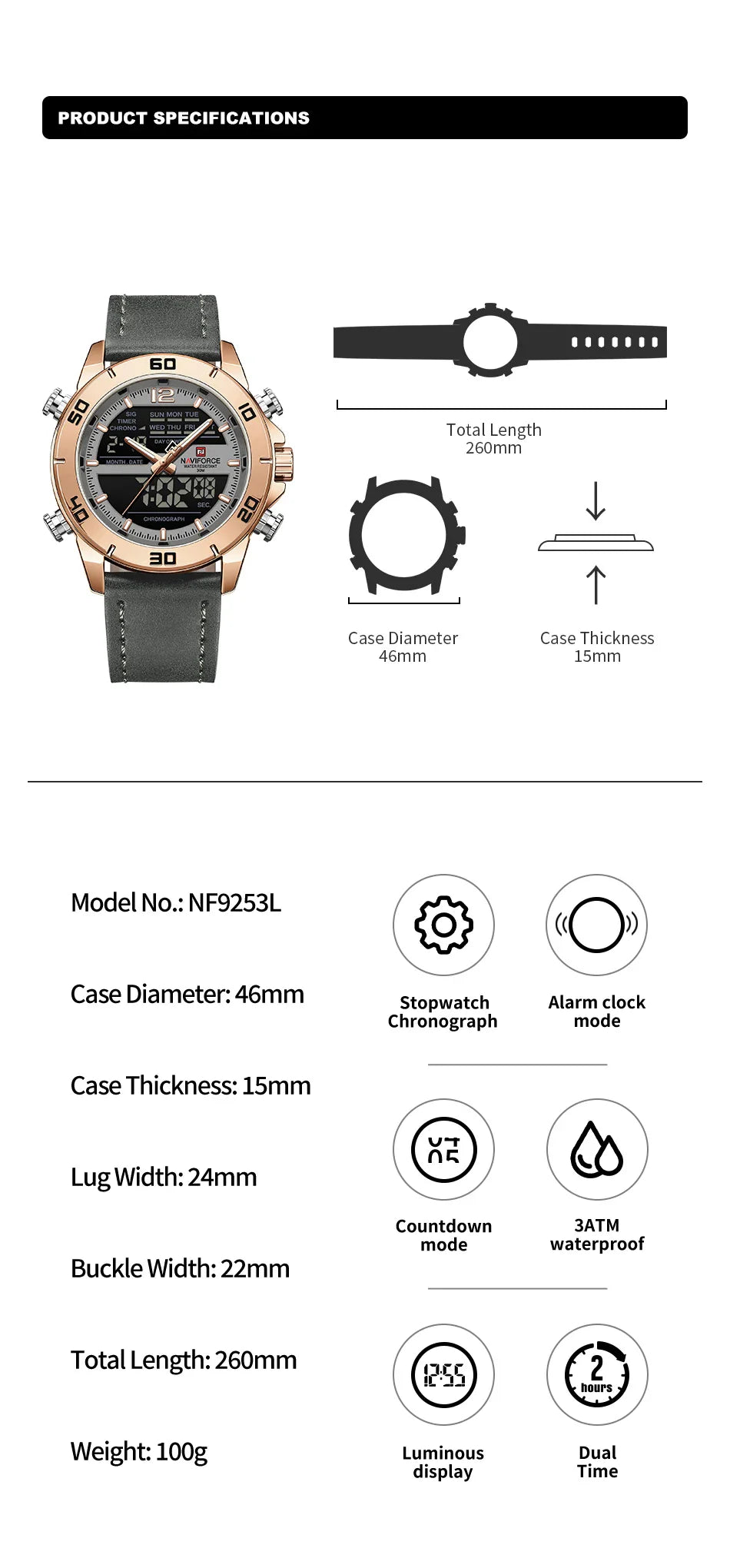 NAVIFORCE Orologio alla moda da uomo con cinturino in vera pelle Movimento al quarzo resistente all'acqua 30M Display luminoso con giorno e data F