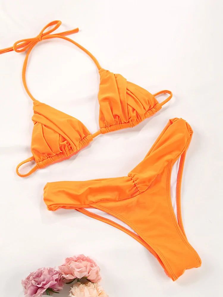 Set Bikini Sexy con Pieghe, Micro Bikini Tinta Unita, Costume da Bagno Femminile a Triangolo, Abbigliamento da Spiaggia