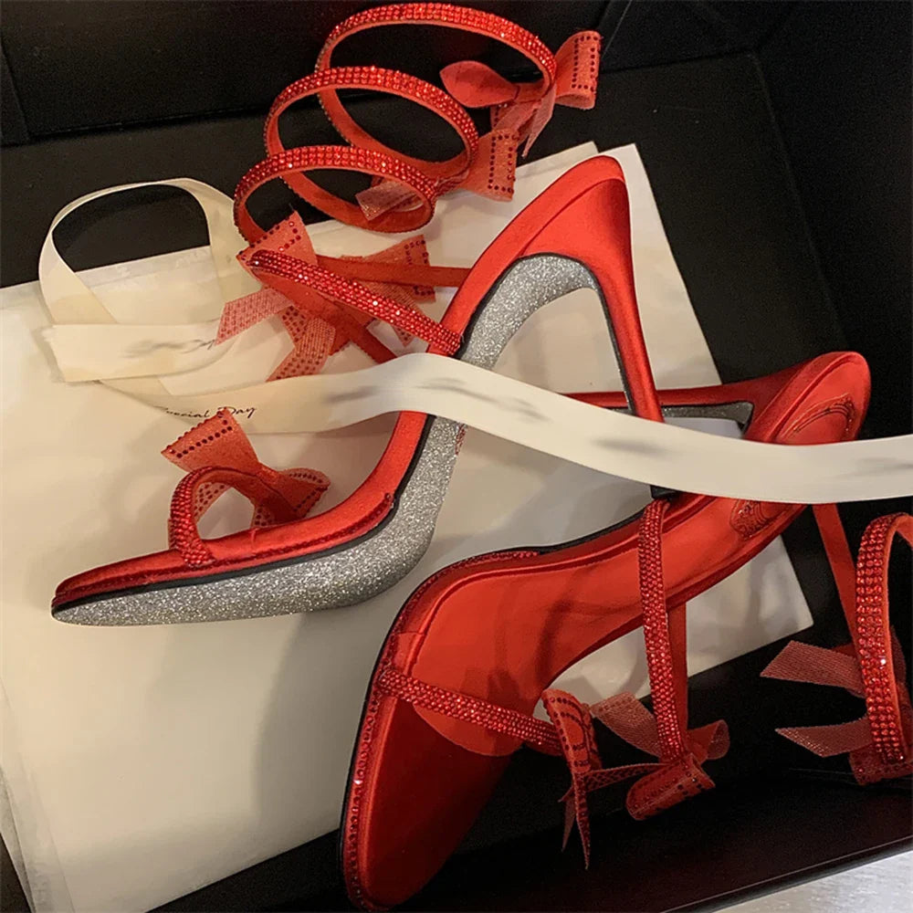 Aneikeh Elegant Pink Wedding Shoes CRYSTAL Bow High Heels Sandals Woman Summer Ankle Strap Thin High Heels Open Toed Party Shoes