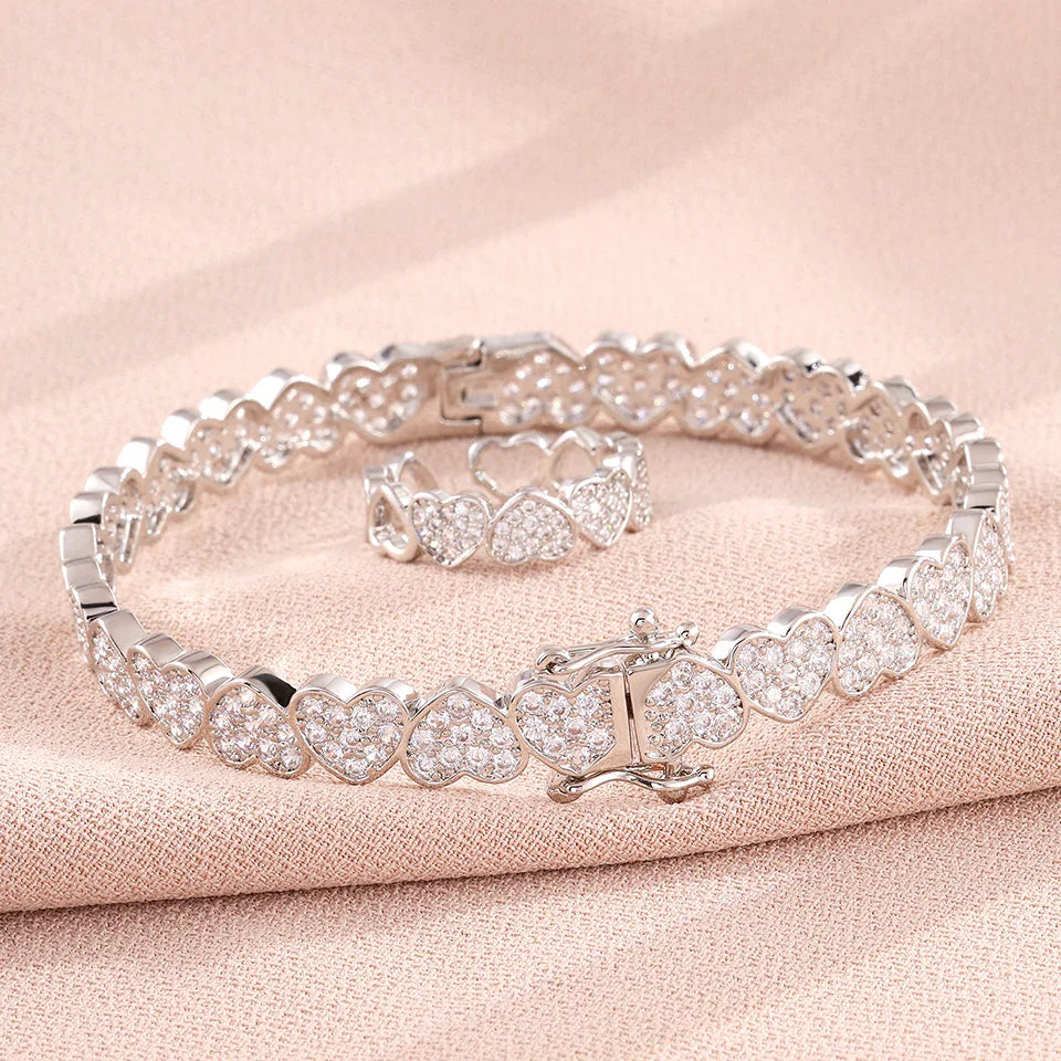Set di Bracciale e Anello ZAKOL Hip Hop con Charm a Cuore in Zirconia Cubica per Uomo e Donna, Regalo di San Valentino per Coppie