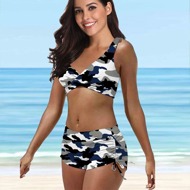 Camo tinta unita stampa bellissime signore gilet sexy set di tendenza seno rivelatore bikini per le vacanze estive S-5XL