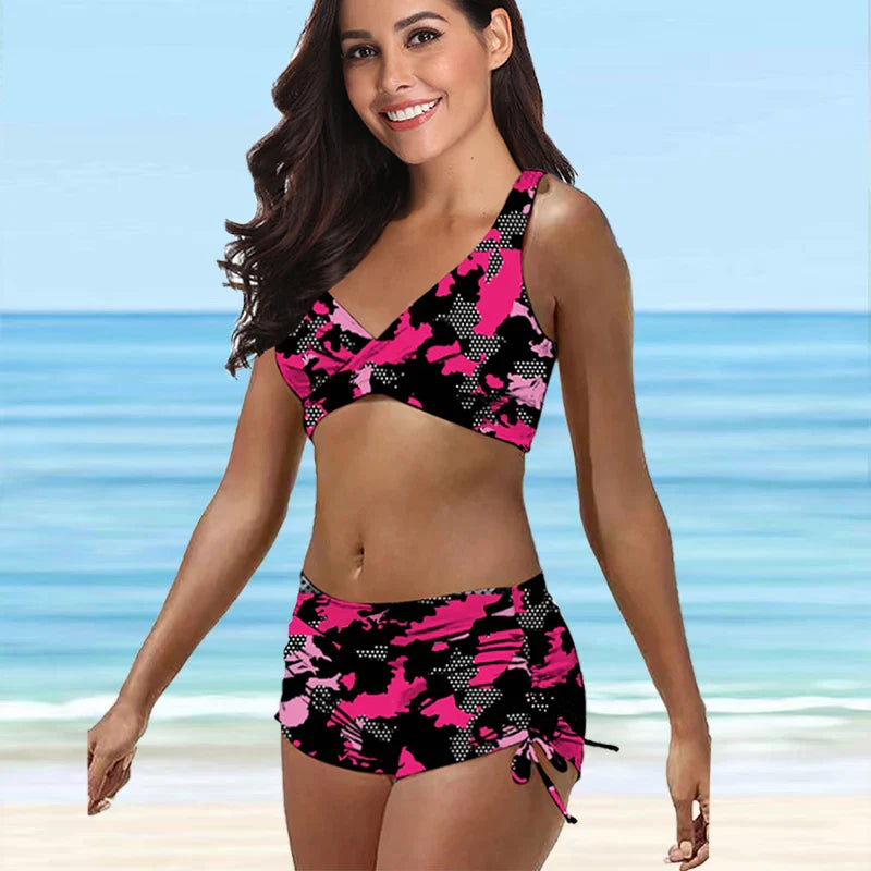 Camo tinta unita stampa bellissime signore gilet sexy set di tendenza seno rivelatore bikini per le vacanze estive S-5XL