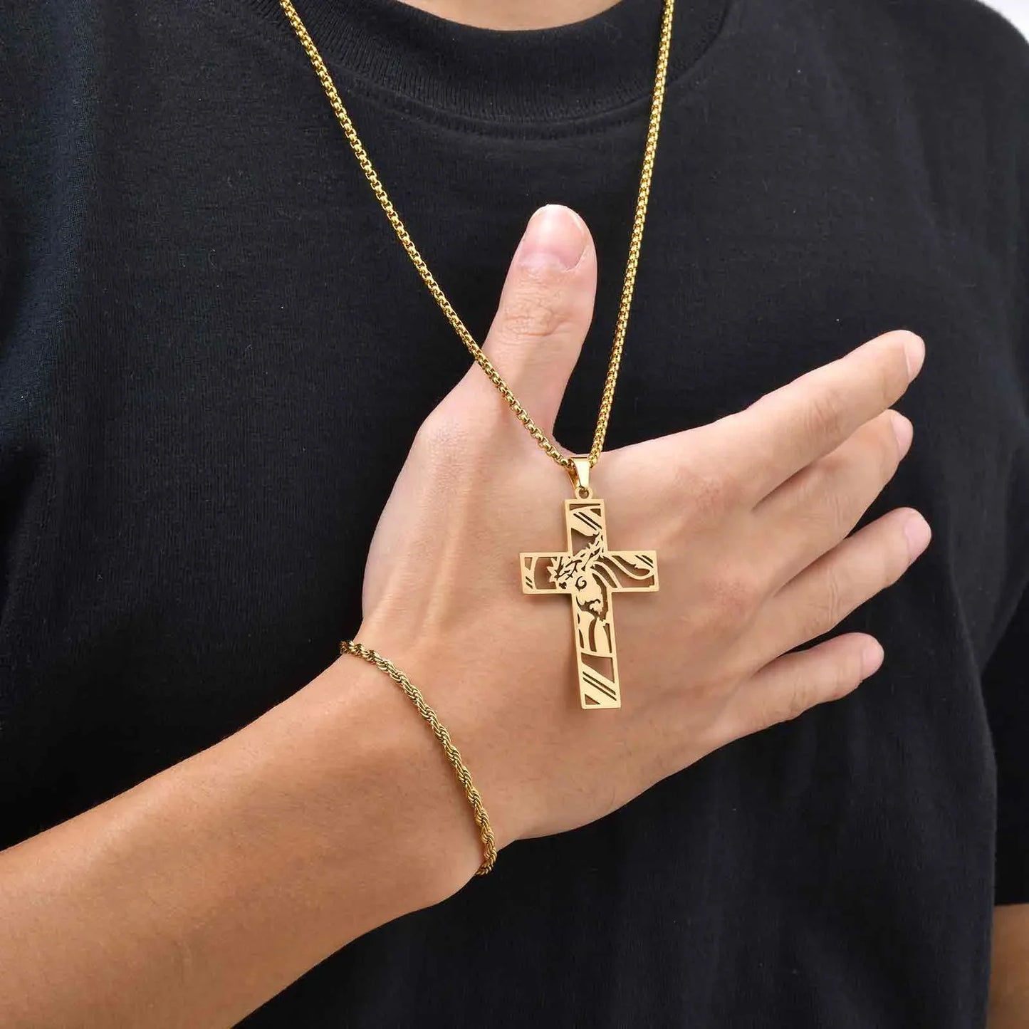 Vnox Set di 2 Pezzi Collana con Ciondolo e Bracciale da Uomo, Set di Gioielli in Acciaio Inossidabile Colore Nero Oro Argento, Regali di Gioielleria alla Moda