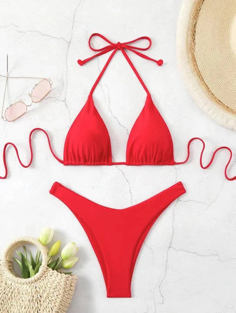Costume da bagno bikini a perizoma da donna sexy, tinta unita bianco/nero/caffè, con laccetti, stile brasiliano, nuovo, in doppio tessuto, per la spiaggia