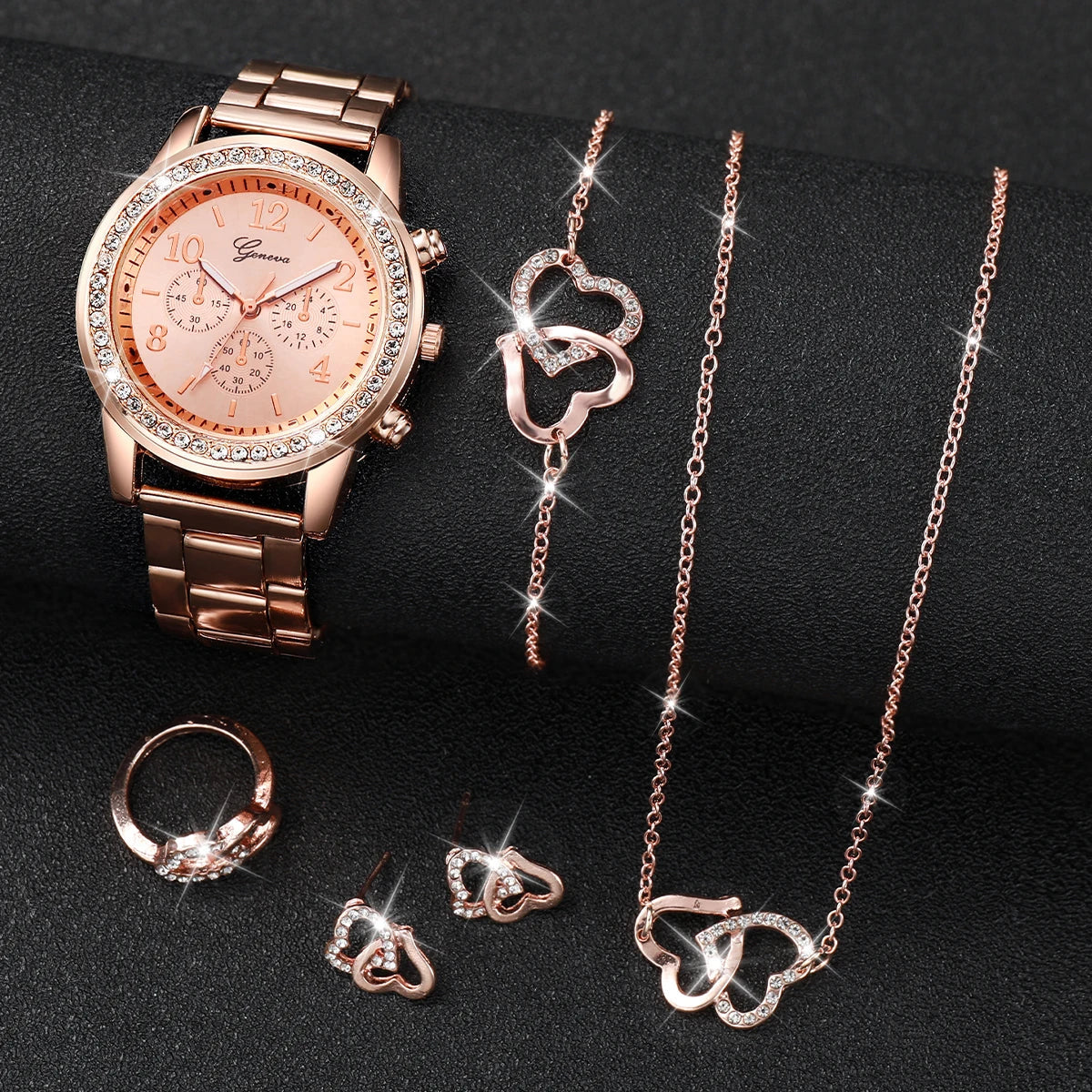 6 pezzi/set orologio da donna moda strass cinturino in acciaio inossidabile orologio al quarzo doppio cuore set di gioielli (senza scatola)