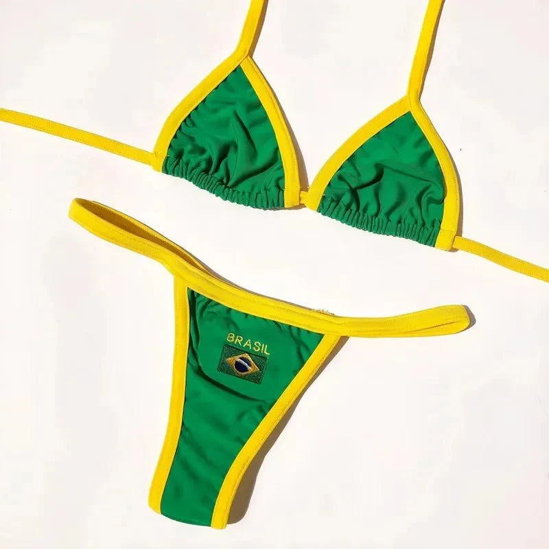 Costume da Bagno Bikini Brasiliano Ricamato a Contrasto con Patchwork per Donna - Set Estivo da Spiaggia