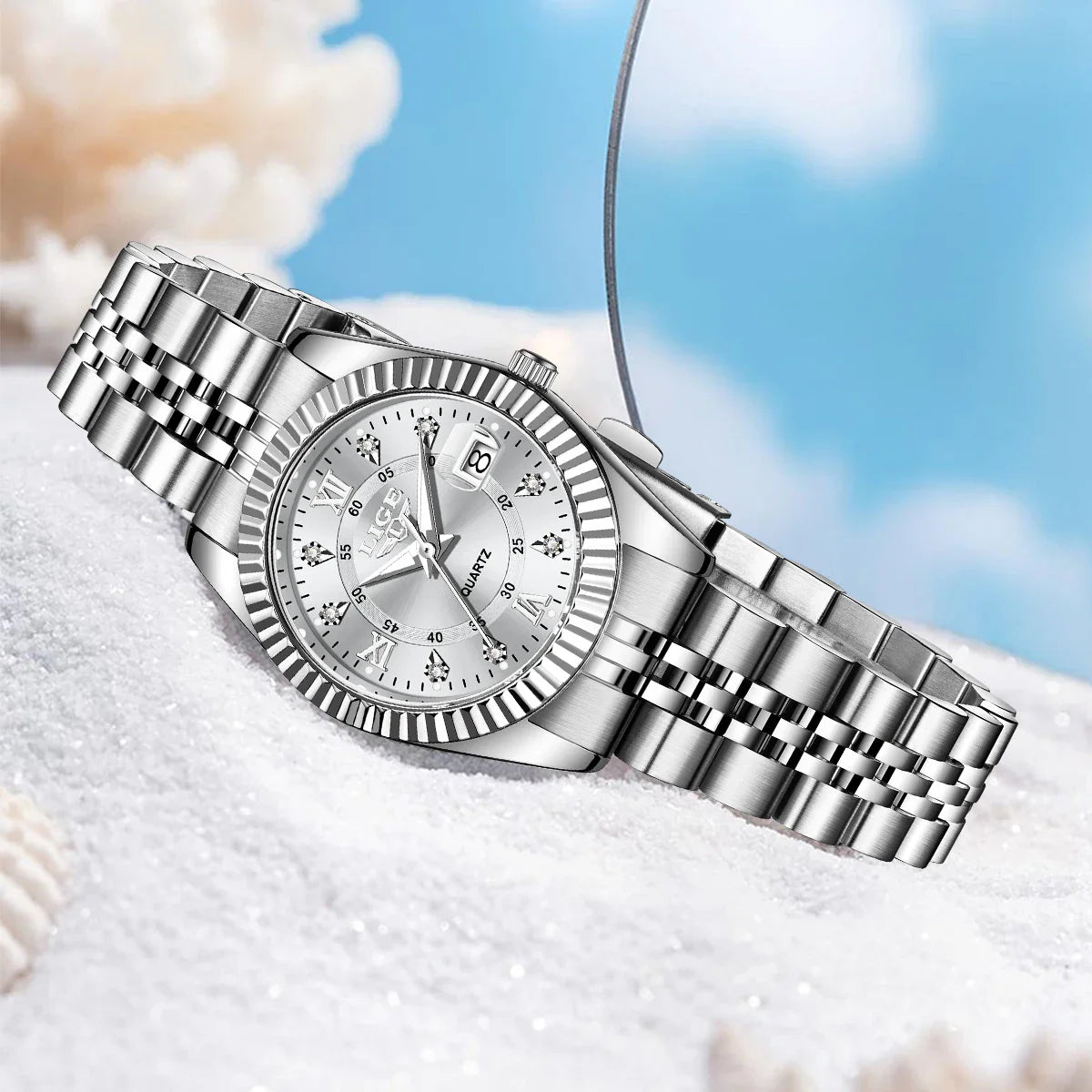 Orologio da Polso LIGE di Lusso con Strass per Donna, Cinturino in Acciaio Inossidabile, Movimento al Quarzo, Regalo, Reloj Mujer