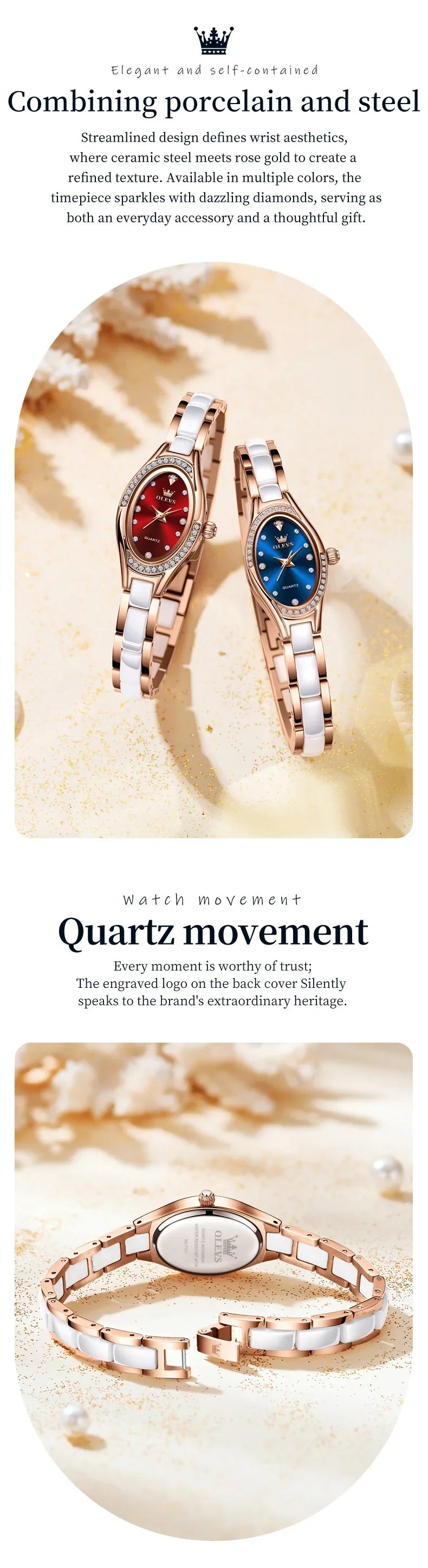 OLEVS 7131 Orologio da Donna Elegante con Movimento al Quarzo, Cinturino in Porcellana, Impermeabile 30m, Quadrante con Diamanti, Orologio alla Moda per Donne