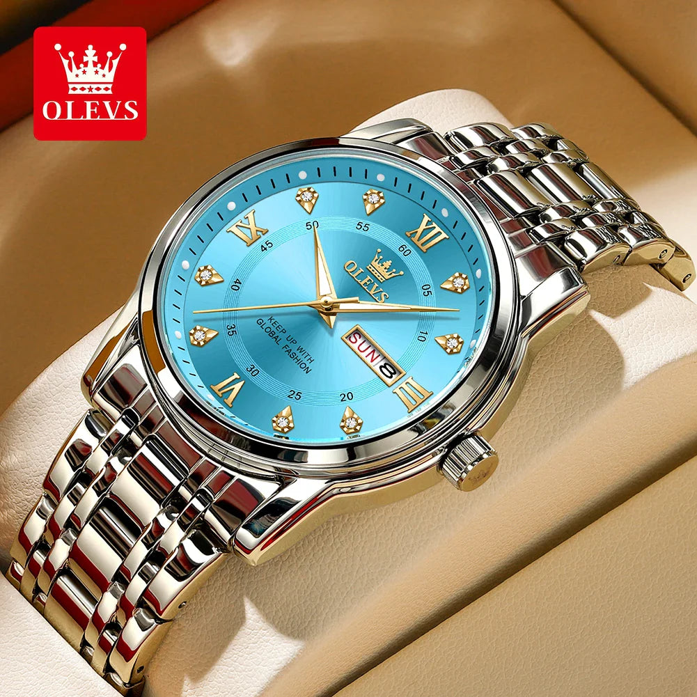OLEVS 5513 Orologio da uomo Orologio luminoso impermeabile al quarzo originale di marca di moda per uomo Scatola per orologio con doppio calendario in acciaio inossidabile